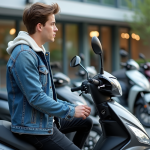 Jeune homme examine une moto 125cc dans un concessionnaire