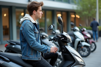 Jeune homme examine une moto 125cc dans un concessionnaire