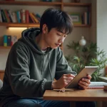 Jeune homme lisant manga sur tablette dans un appartement