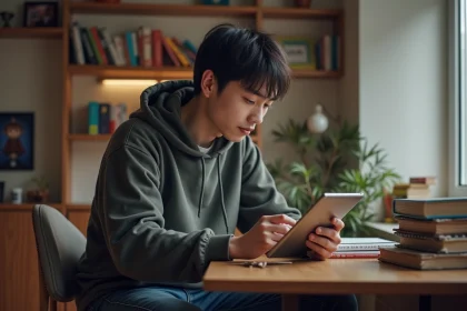 Jeune homme lisant manga sur tablette dans un appartement