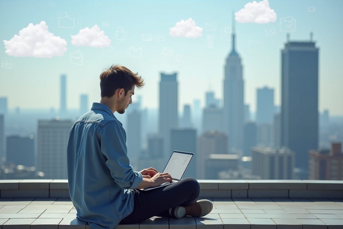 Jeune homme en extérieur sur une terrasse urbaine avec un ordinateur portable et vue sur la ville