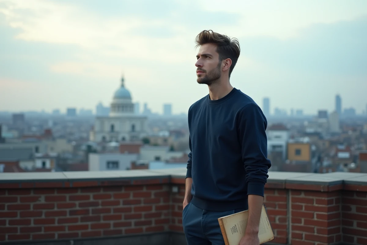 Jeune homme contemplatif sur un toit urbain tenant un livre évoquant la réussite et l'ambition