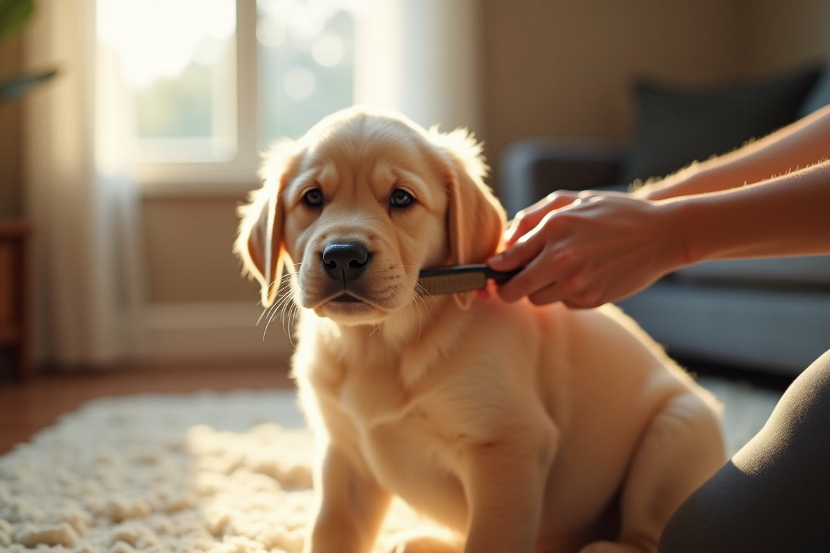 Jeune labrador brossé dans un salon lumineux