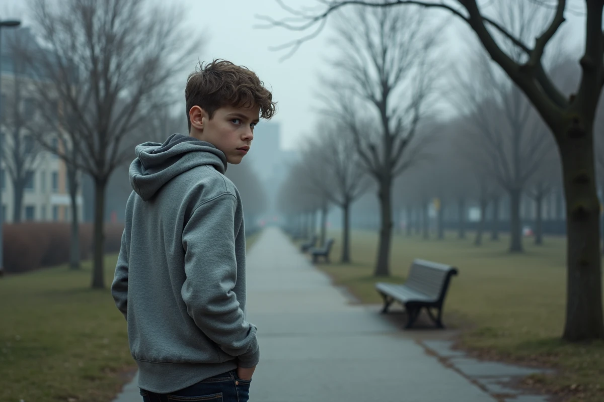 Jeune mutant dans un parc urbain désert en matinée