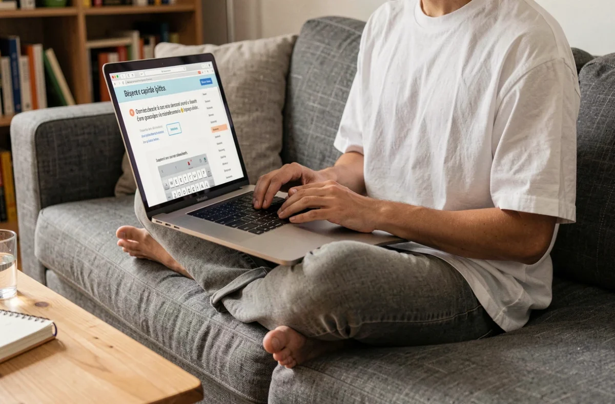 Jeune personne sur un canapé consultant un tutoriel en ligne pour apprendre à taper le È majuscule avec accent grave sur un ordinateur portable