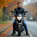 Jeune garçon en moto automne sur une route calme