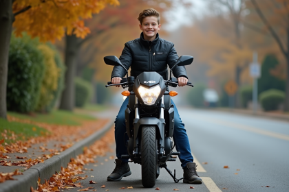 Jeune garçon en moto automne sur une route calme