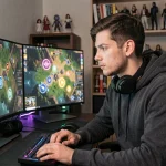 Joueur MMORPG concentré devant ses écrans affichant une carte de portails DOFUS pour optimiser l'XP en dimensions