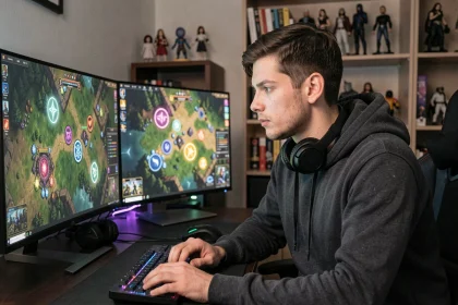 Joueur MMORPG concentré devant ses écrans affichant une carte de portails DOFUS pour optimiser l'XP en dimensions