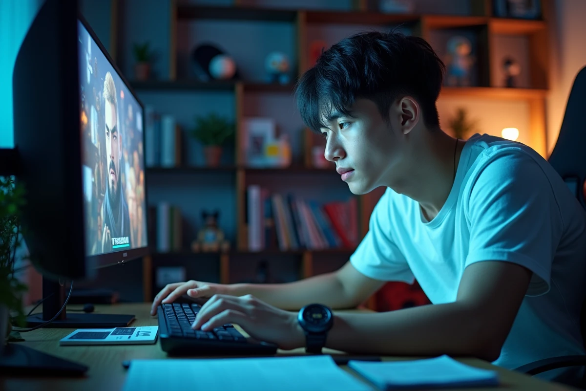 Joueur de jeu vidéo concentré devant sa station de jeu avec notes de stratégie, symbolisant l'analyse des techniques de Hit dans Dragon Ball Super