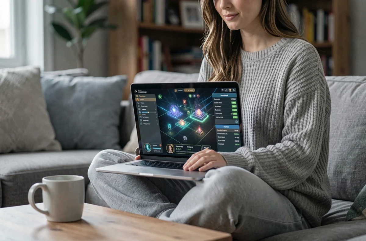Joueuse analysant les statistiques de drops et portails DOFUS sur son ordinateur portable depuis son salon