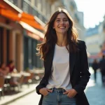 Jeune femme française élégante et décontractée dans une rue parisienne, style éditorial naturel