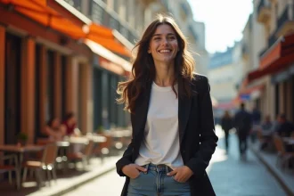 Jeune femme française élégante et décontractée dans une rue parisienne, style éditorial naturel