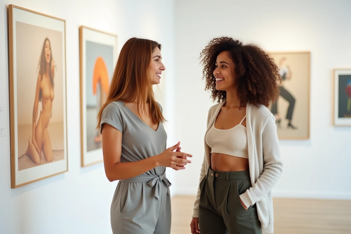 Deux femmes aux styles distincts côte à côte dans une galerie contemporaine, comparaison de personnalités