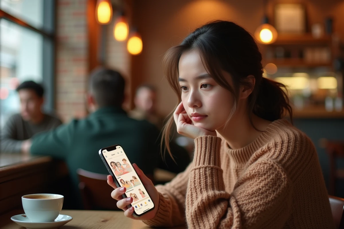 Jeune femme pensive lisant le webtoon Just Friends sur son smartphone dans un café cosy, évoquant les émotions complexes des relations sentimentales ambiguës