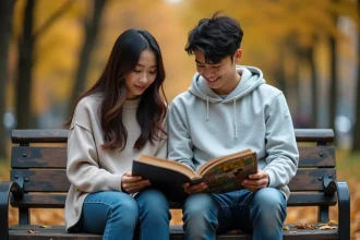 Deux jeunes adultes lisant ensemble un webtoon romantique sur un banc de parc en automne, illustrant l'ambiguïté des relations amicales et amoureuses