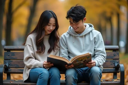Deux jeunes adultes lisant ensemble un webtoon romantique sur un banc de parc en automne, illustrant l'ambiguïté des relations amicales et amoureuses