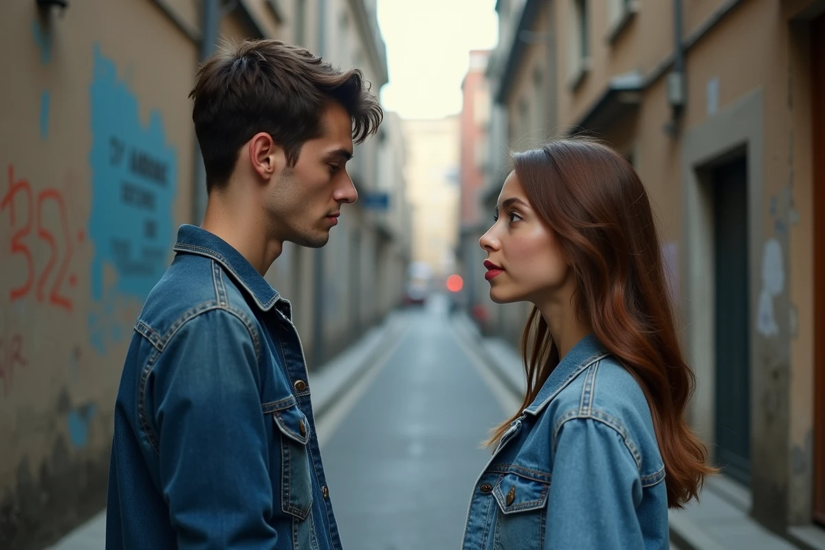 Scène de tension émotionnelle entre deux amis dans une ruelle urbaine, symbolisant la frontière floue entre amitié et amour comme dans le webtoon Just Friends