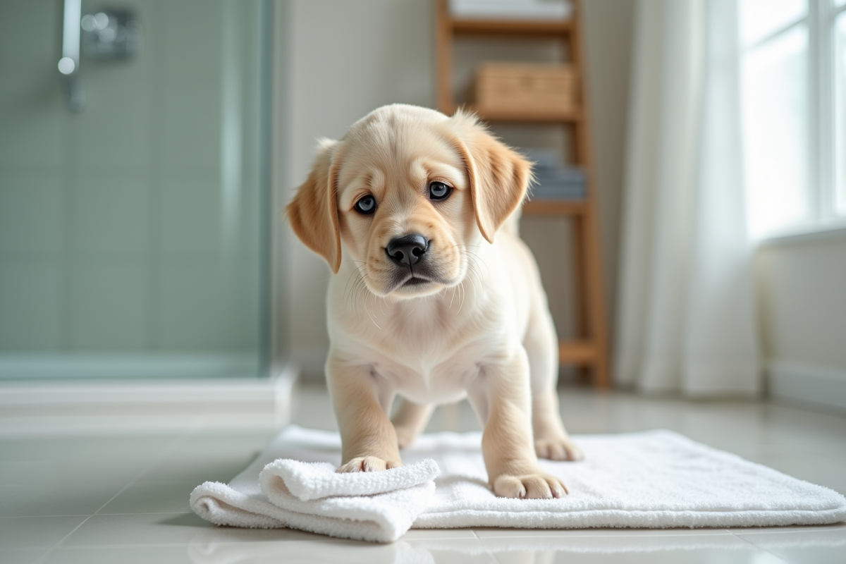 Labrador en bain nettoyant ses pattes dans la salle de bain