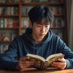 Jeune homme lisant un manga One Piece assis à son bureau entouré de volumes de manga