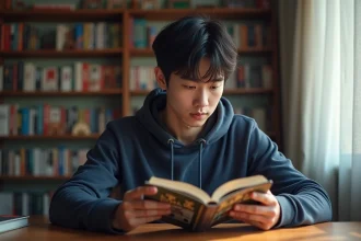 Jeune homme lisant un manga One Piece assis à son bureau entouré de volumes de manga