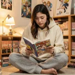 Jeune femme lisant un manga yaoi dans une chambre décorée de volumes de mangas et de posters de personnages illustrés