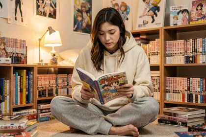 Jeune femme lisant un manga yaoi dans une chambre décorée de volumes de mangas et de posters de personnages illustrés