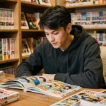 Jeune homme lisant un scan colorisé de Black Clover à son bureau encombré de mangas