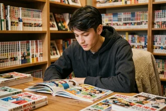 Jeune homme lisant un scan colorisé de Black Clover à son bureau encombré de mangas