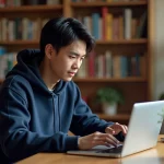 Jeune homme lisant des scans de manga sur un ordinateur portable dans un bureau à domicile entouré de volumes de manga