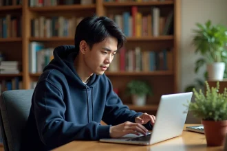 Jeune homme lisant des scans de manga sur un ordinateur portable dans un bureau à domicile entouré de volumes de manga
