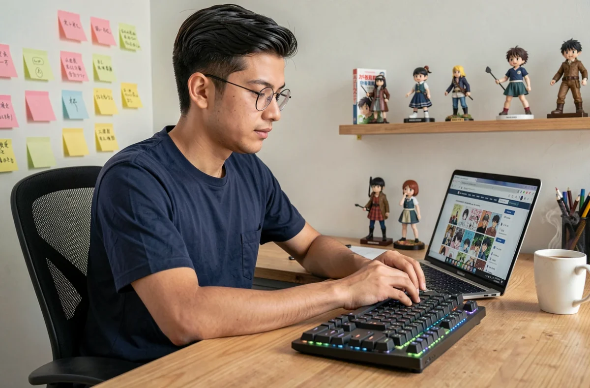 Jeune homme parcourant un site de lecture de manga yaoi en ligne sur son ordinateur portable dans un bureau à domicile
