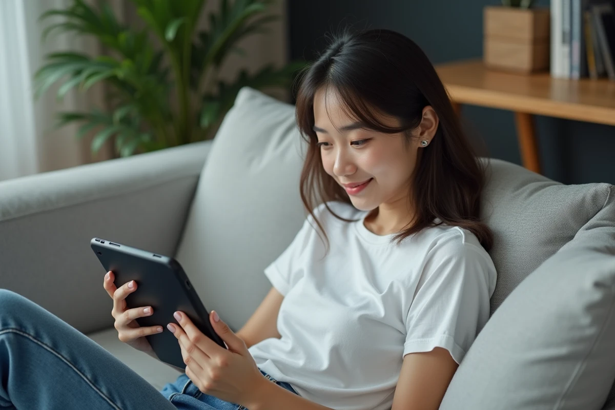 Jeune femme lisant le scan One Piece en français sur une tablette dans son salon