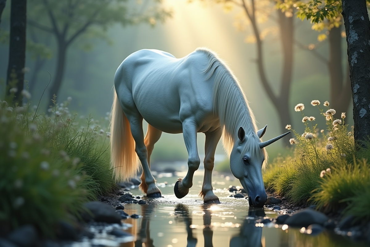 Une licorne blanche buvant dans un ruisseau de foret au lever du jour