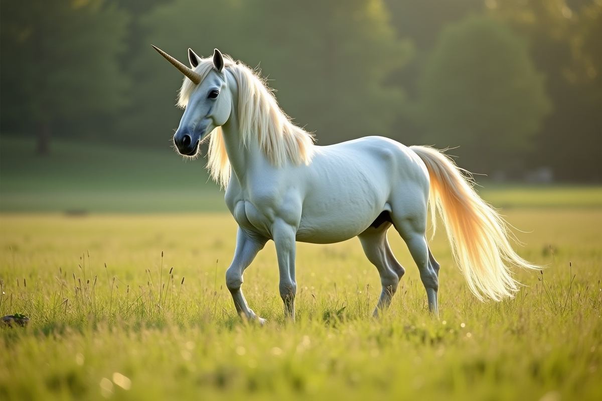 Une licorne majestueuse dans une prairie verte ensoleillee