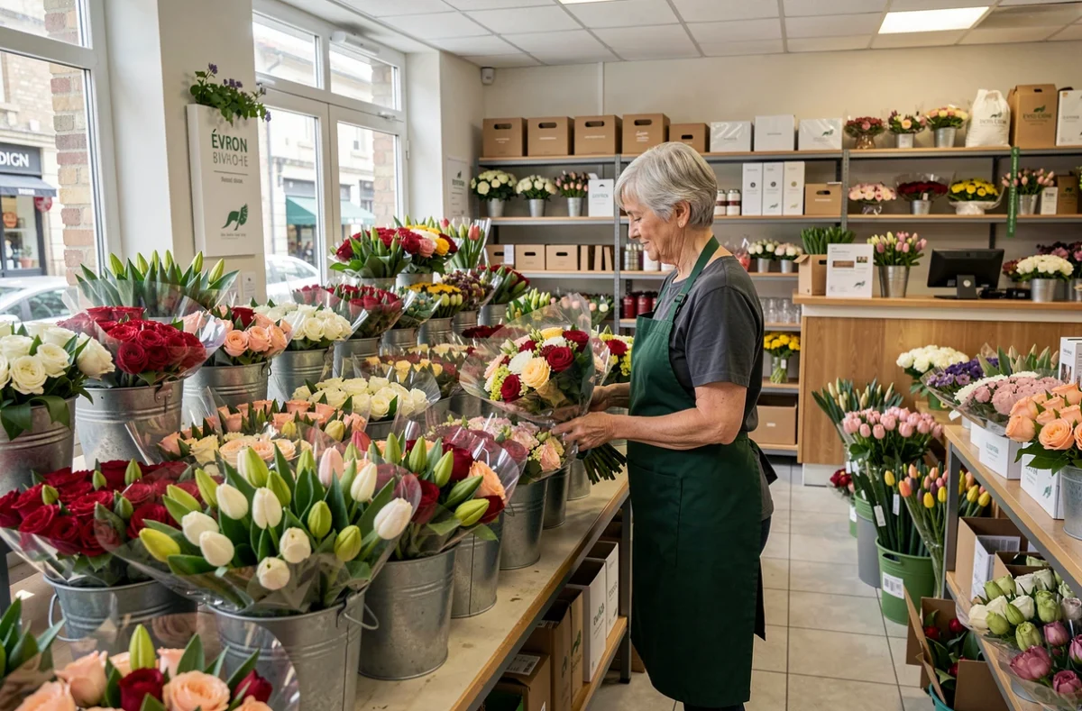 Fleuriste de Lisafleur Rapid Flore à Évron préparant des bouquets emballés dans une boutique bien achalandée