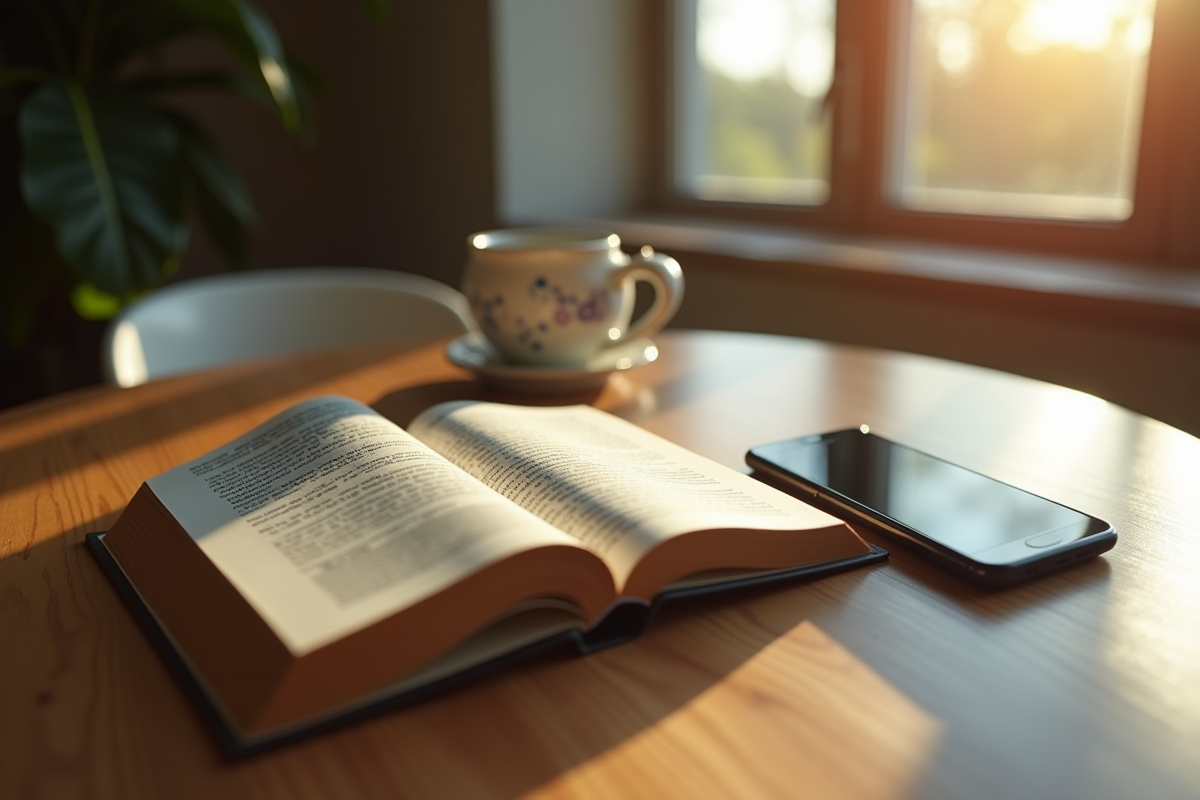 Livre ouvert et smartphone sur une table ensoleillee