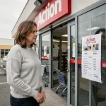 Femme devant un magasin Action fermé le dimanche consultant les horaires d'ouverture affichés sur la porte