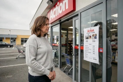 Femme devant un magasin Action fermé le dimanche consultant les horaires d'ouverture affichés sur la porte