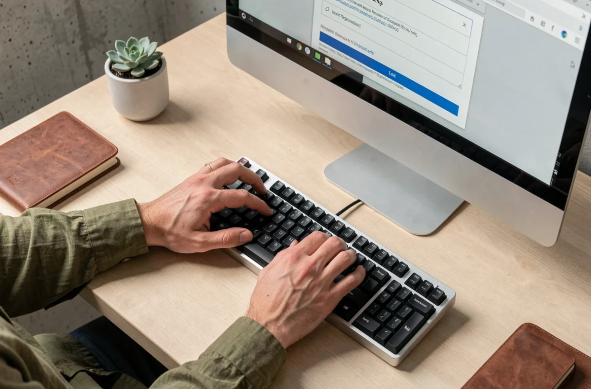 Mains tapant sur un clavier pour créer un compte avec une adresse email masquée et préserver l'anonymat