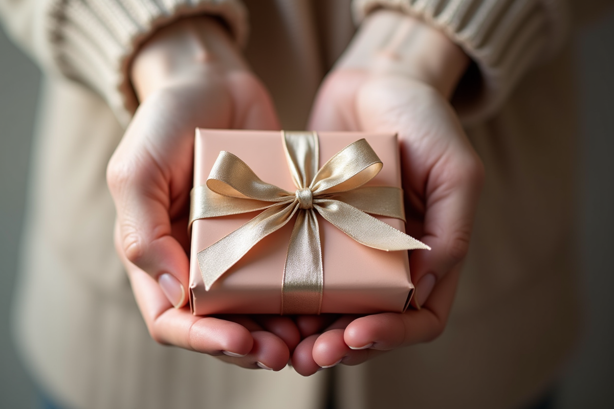 Mains tenant un cadeau joliment emballé avec un ruban