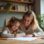 Maman et fille dessinant ensemble dans une maison chaleureuse