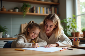 Maman et fille dessinant ensemble dans une maison chaleureuse