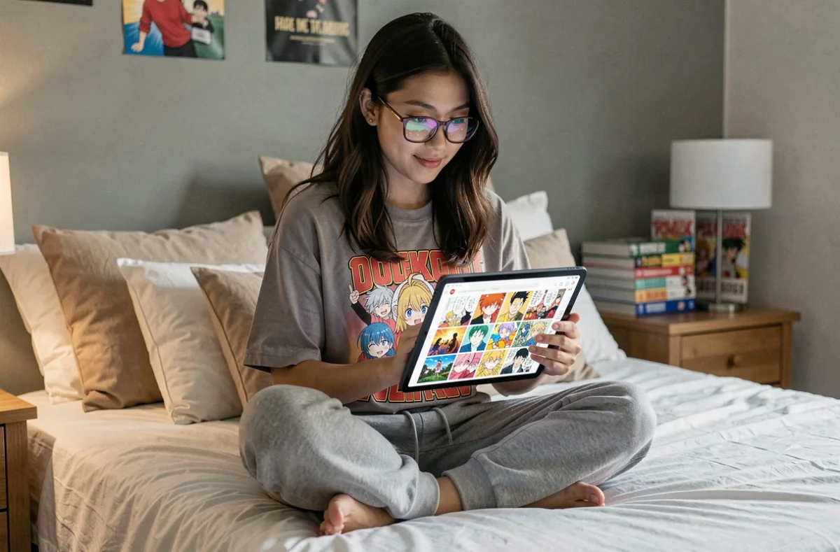 Jeune femme consultant un scan colorisé de manga Black Clover sur tablette dans sa chambre