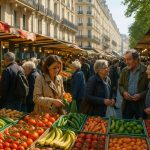 Photo hyperrealiste d'un marché parisien animé le matin