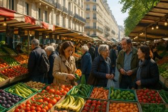 Photo hyperrealiste d'un marché parisien animé le matin
