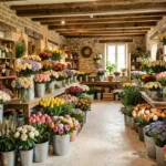 Intérieur d'une boutique fleuriste artisanale en Mayenne avec des bouquets colorés et des compositions florales variées
