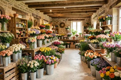 Intérieur d'une boutique fleuriste artisanale en Mayenne avec des bouquets colorés et des compositions florales variées