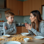 Mère frustrée avec son fils dans la cuisine en désordre