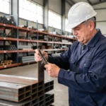 Ingénieur mesurant une cornière en acier en L avec un pied à coulisse dans un entrepôt industriel, illustrant les normes de tolérance dimensionnelle